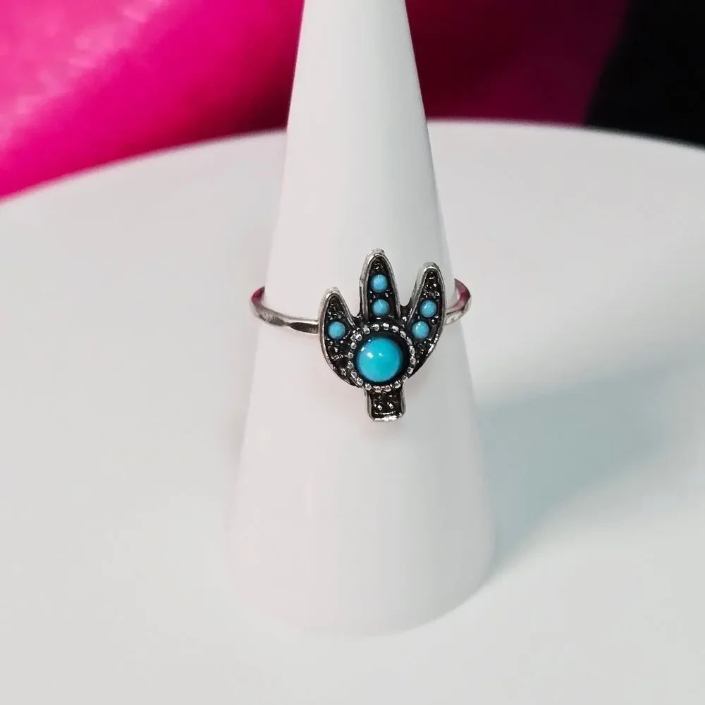 Silver Cactus Turquoise Ring 🌵 Adjustable Boho Western Ring Southwestern Chic